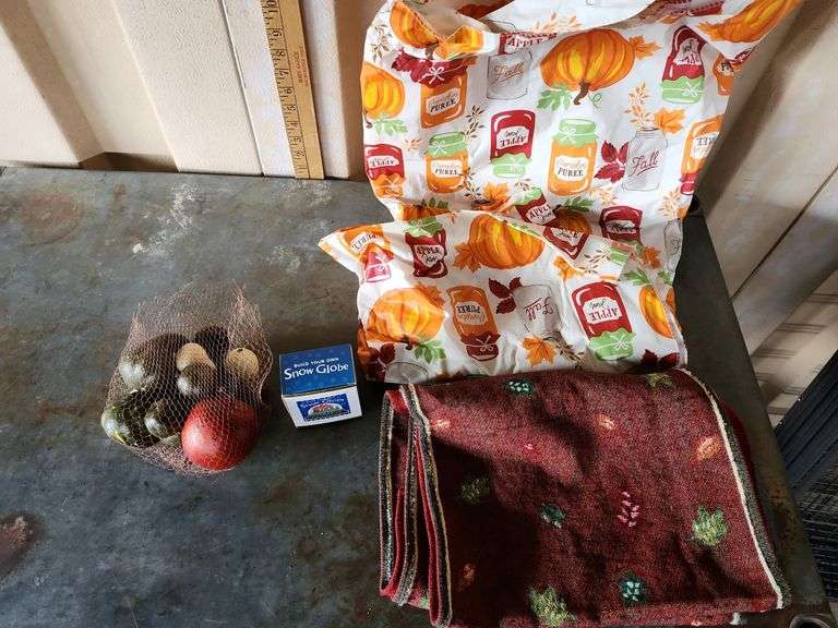 Fall Decor Vinyl Tablecloth Table Runner, Plastic Gourds and Build Your Own Snow Globe