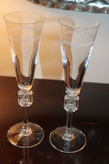 Rosenthal Classic Crystal Champagne Flutes – Pair with Etched Banding & Geometric Cube Stems, 9 ¾”