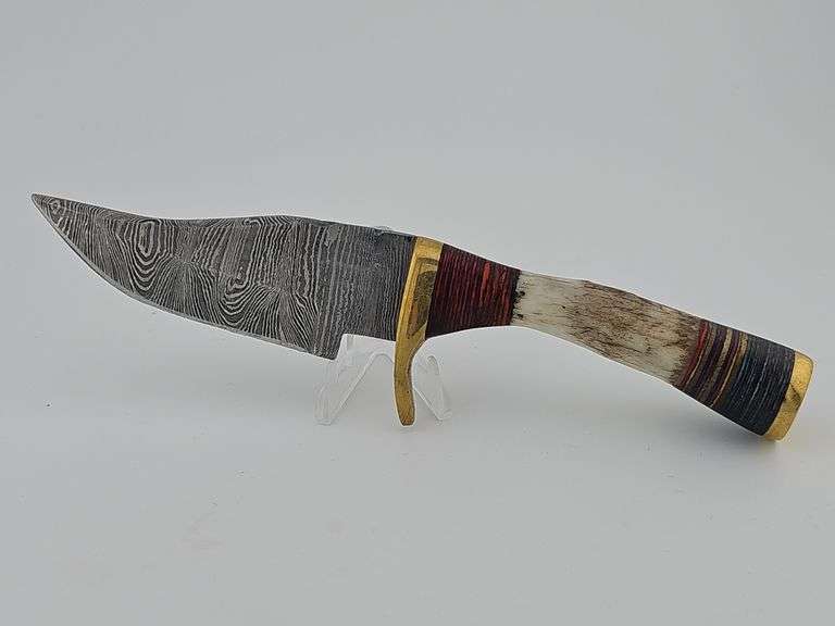 Damascus Bone Handle Handy Knife w/ Leather Sheath