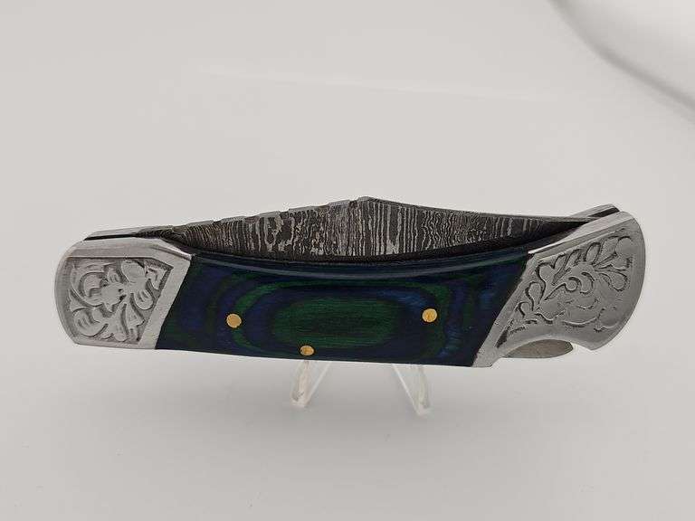 Damascus Pocket Knife w/ Leather Sheath