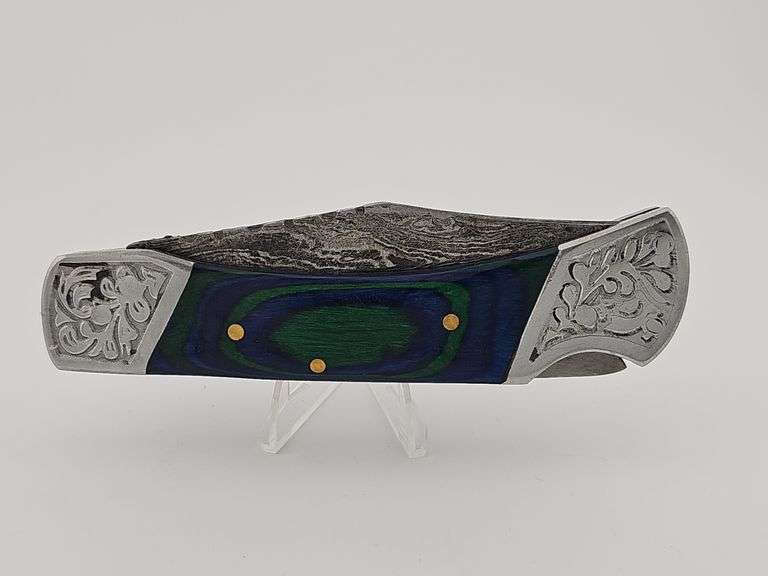 Damascus Pocket Knife w/ Leather Sheath