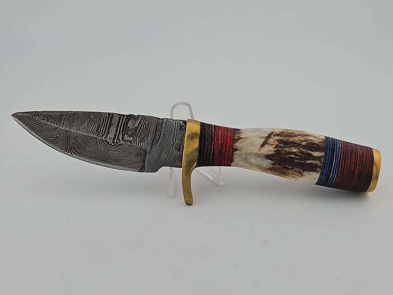 Damascus Bone Handle Handy Knife w/ Leather Sheath