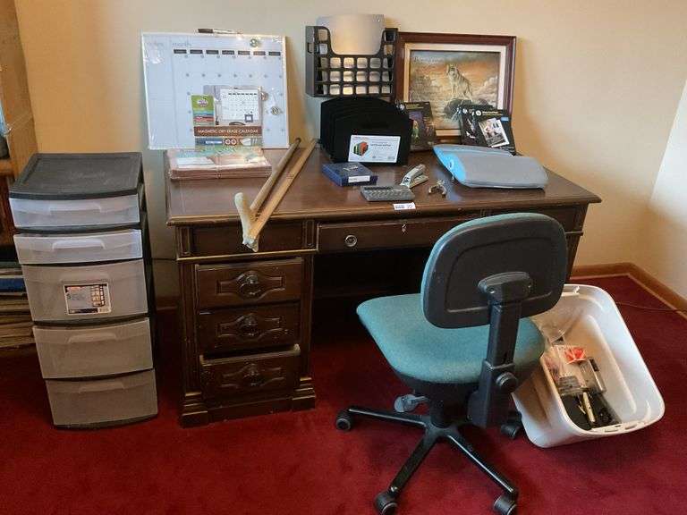 Office Desk & Chair & In/Out Box - Good Condition.
