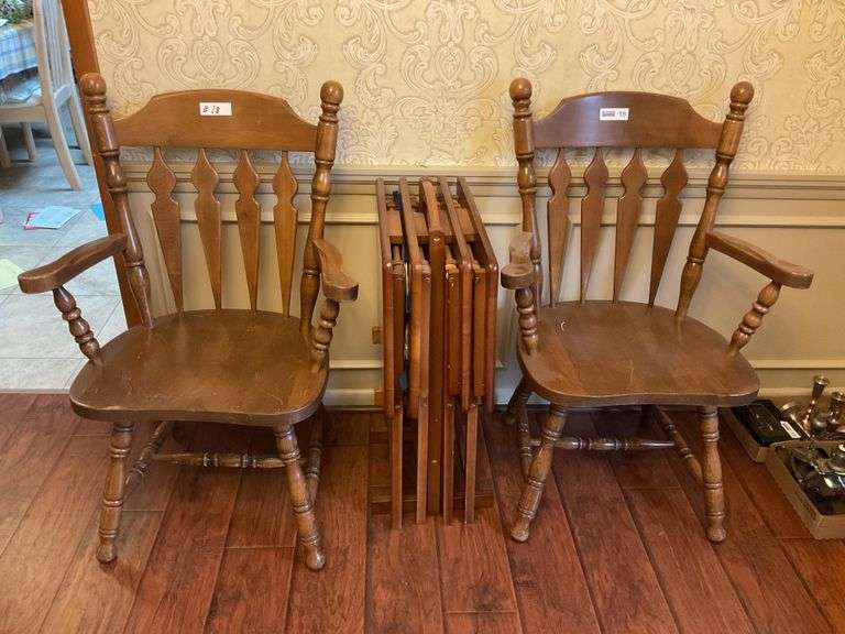 2 Wood Chairs & TV Trays - Good Condition.