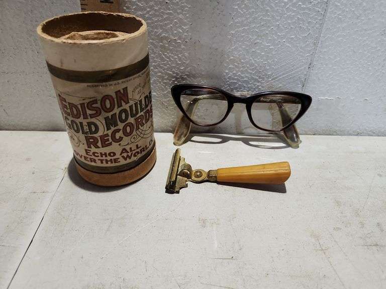 1904 Edison Gold Moulded Records Tube with Antique Razor and Glasses