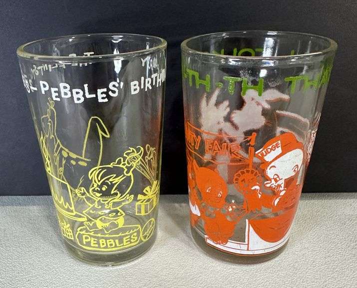 Welch's Jelly Jar 1974 Looney Tunes & 1963 Pebbles' Birthday Glasses