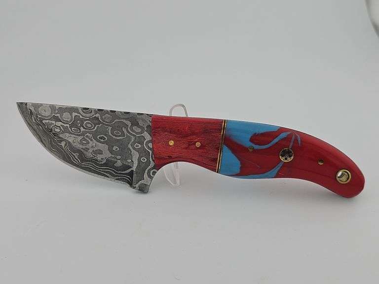 Damascus Short Blade Hunting Knife w/ Leather Sheath