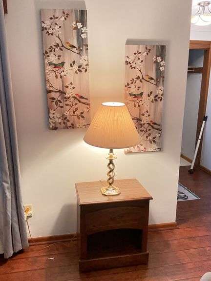 Lamp Table - Good Condition, 2 Bird Pictures & Brass Lamp.