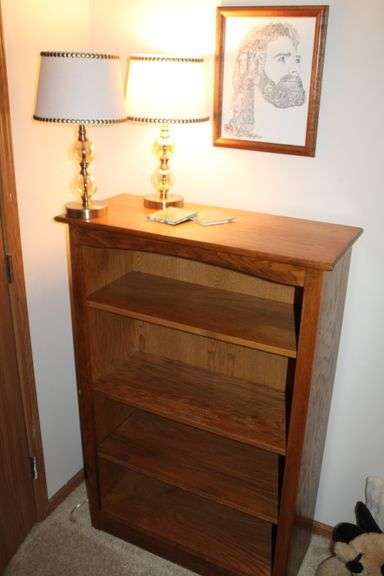 Oak Bookcase, Lamps & Jesus Print