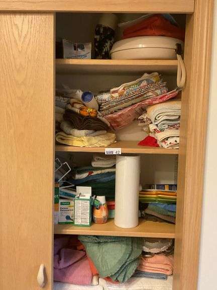 Contents Of Linen Closet In Master Bathroom, Linens, Medical Supplies.