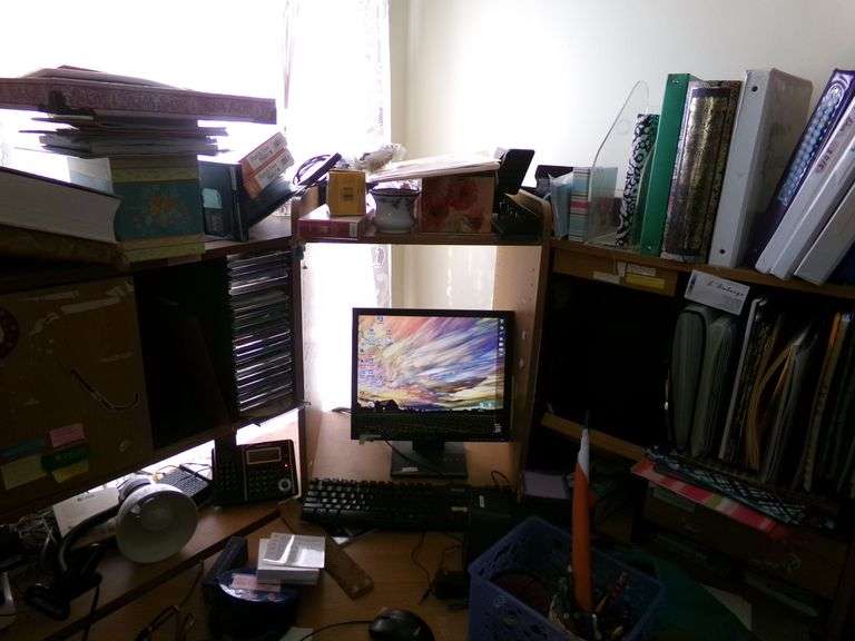 Computer Desk & Contents Including Computer With Windows 7, Various Notebooks, Office Supplies