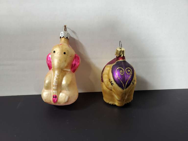Two Vintage Blown Glass Christams Ornaments - both are of Elephants