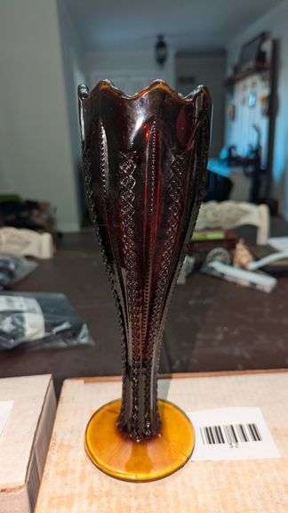 Tiara Indiana Glass Burnt Honey Amber Ribbon Vase