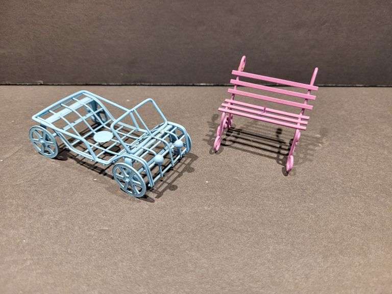 Metal Blue Car and Metal Pink Bench