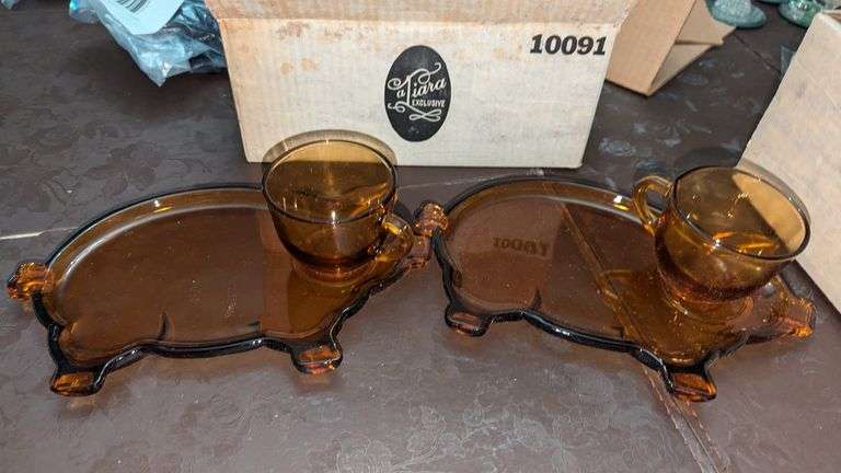 Pair of Tiara Amber glass Piggy luncheon Plate and Cup