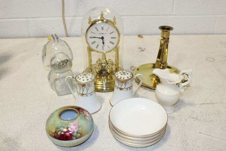 Clock, China, Glass & Brass Candlestick