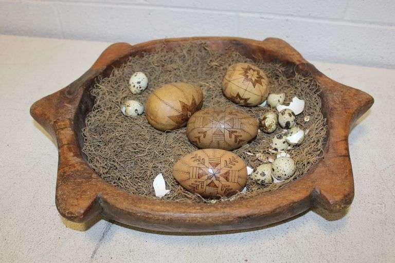 Wooden Turtle Bowl & Decorated Eggs