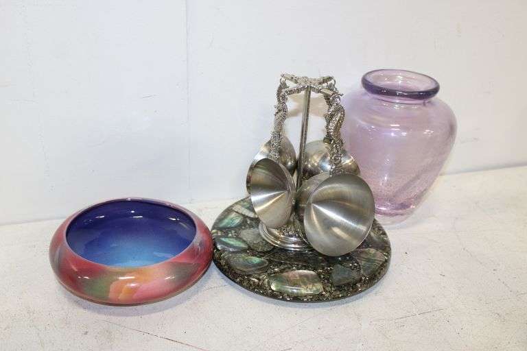 Pewter Measuring Cups Set & Art Glass