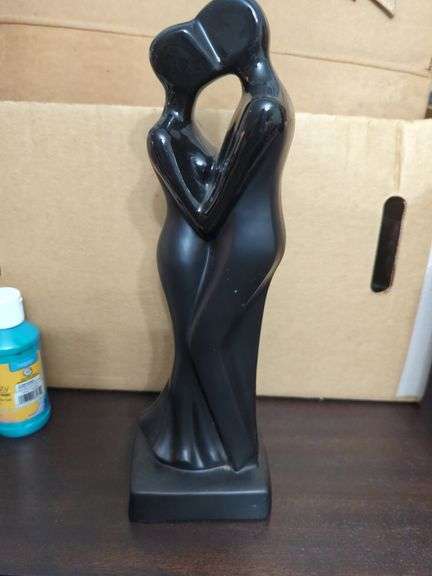 Art Deco Style Black Ceramic Sculpture of Couple Embracing