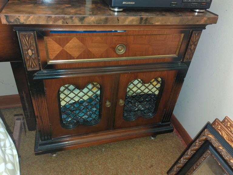 2-Marble Style Top Wood Parquetry Side Cabinet
