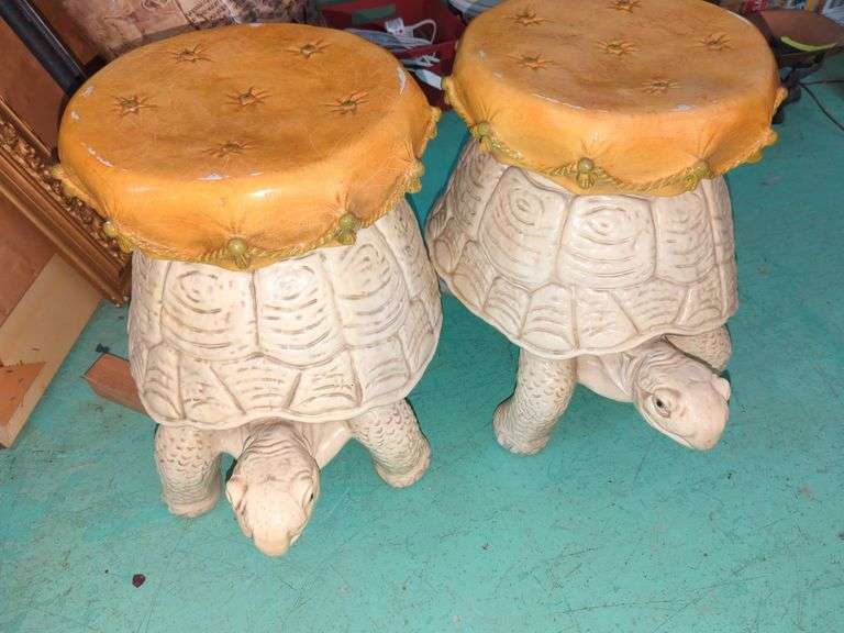 Vintage Pair of Majolica Style Turtle Garden Stools
