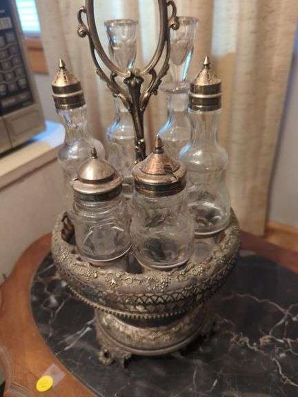 Art Nouveau Style Silver Plate and Glass Cruet Set