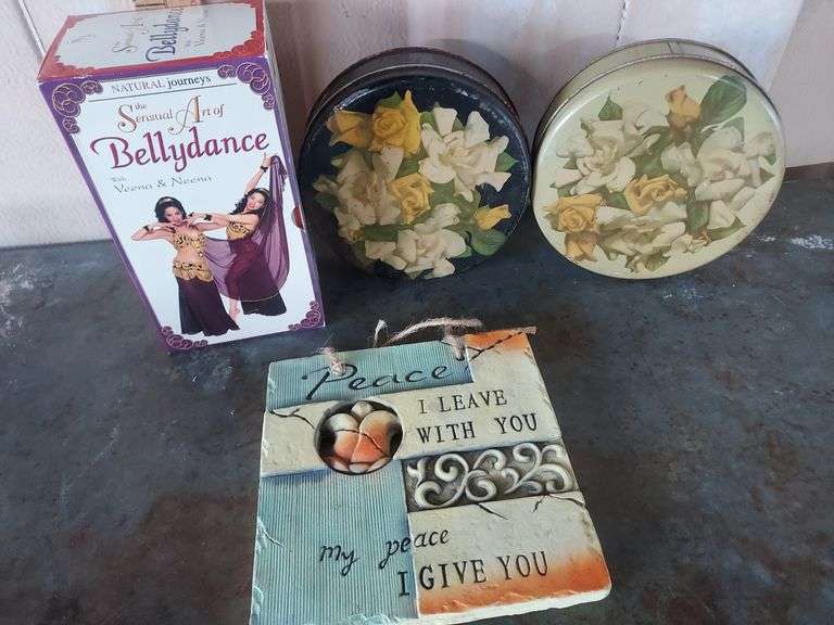 Vintage Tins, Belly dance VHS & PEACE Garden Decoration