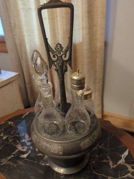 Art Nouveau Style Silver Plate and Glass Cruet Set