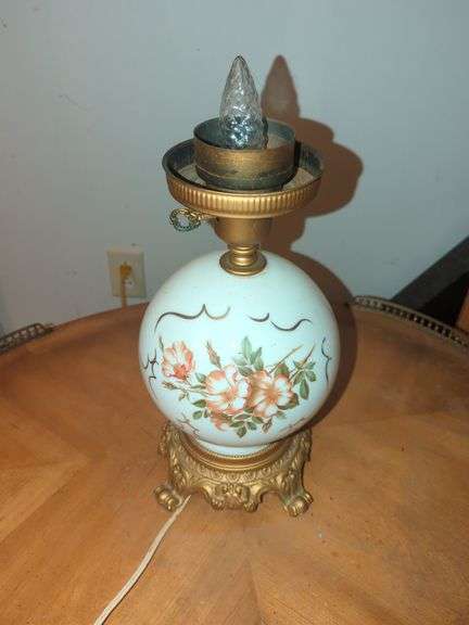 Antique Brass and Hand Painted Milk Glass Parlor Lamp