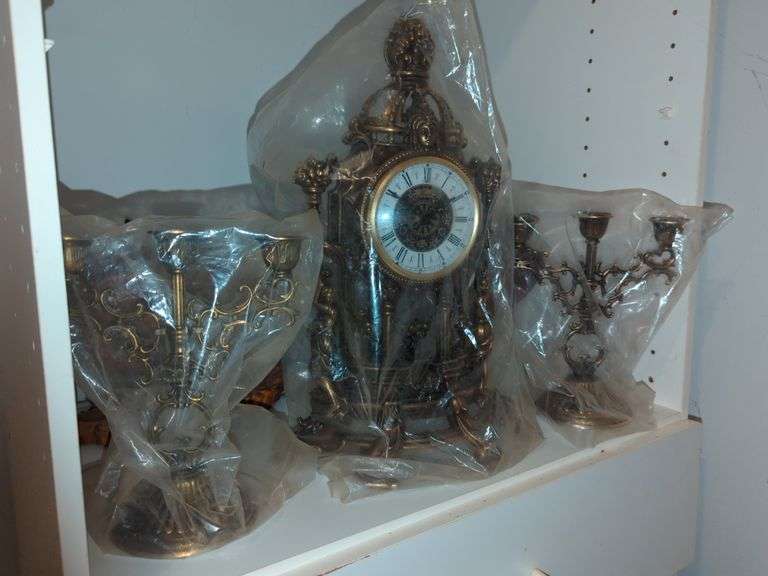 Golden Brass Antique Table Clock and Candelabras
