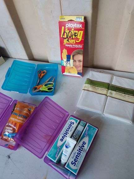 Assorted Bathroom Gloves, Shower Curtains, Scissors and razors