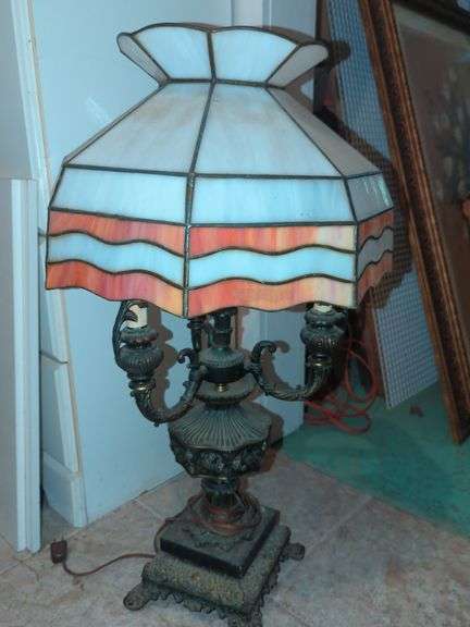 Gothic Style Cast Iron Candelabra Base Table Lamp with Slag Glass Shade