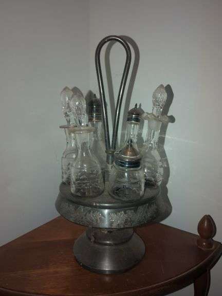 Art Nouveau Style Silver Plate and Glass Cruet Set