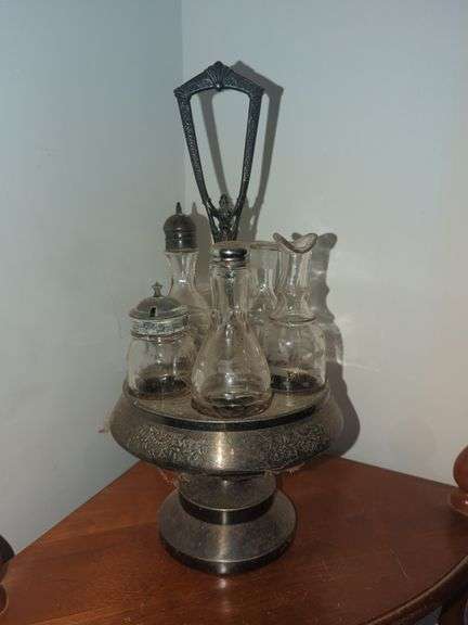 Art Nouveau Style Silver Plate and Glass Cruet Set
