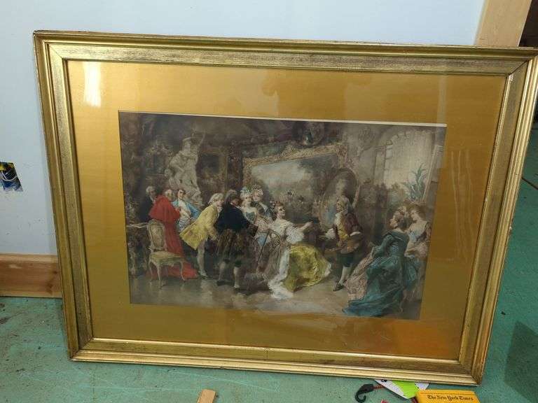 Framed Hand colored lithograph after Royal Visitors in Watteau's Studio by Vicente De Garcia Paredes