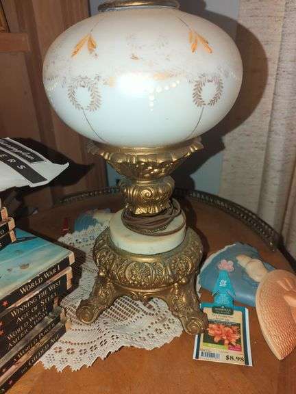 Regency Style Brass Cherub and Milk Glass Table Lamp