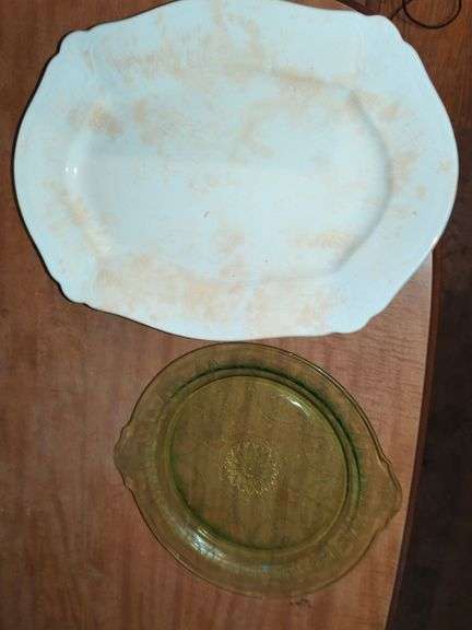 Johnson Bros. Royal Semi Porcelain Plate and Yellow Depression Glass Plate