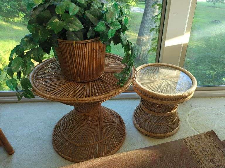 Woven Rattan Side Table and Glass Top Accent Table