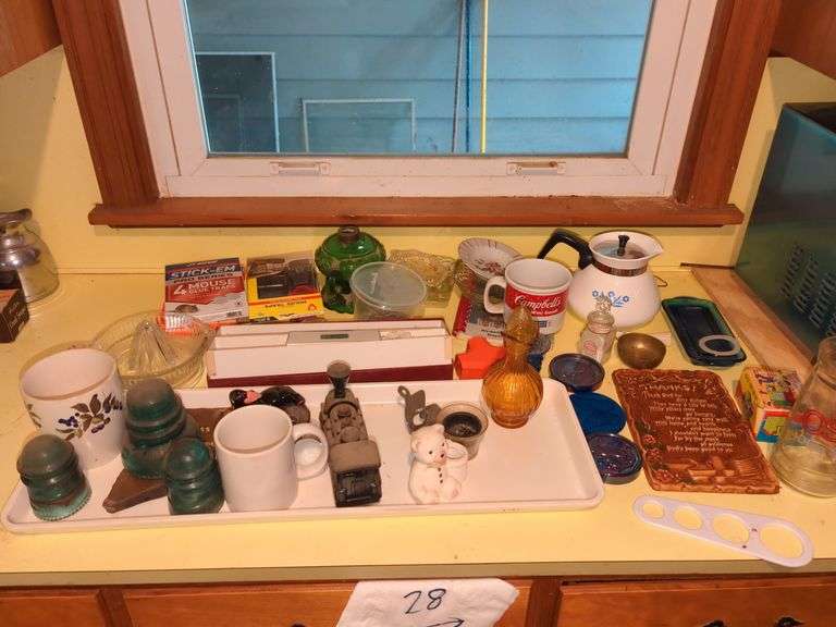 Antique Glass Insulators, Vintage Glass Juicer, Ceramic Mugs and More