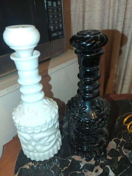 Pair of White and Black Pressed Glass Liquor Decanters