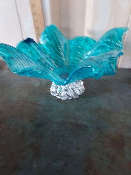 Blue Glass Bowl with Metal Bottom