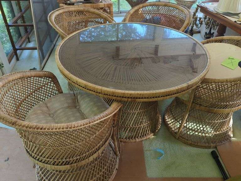 Woven Rattan Glass Top Table and 4 Chairs