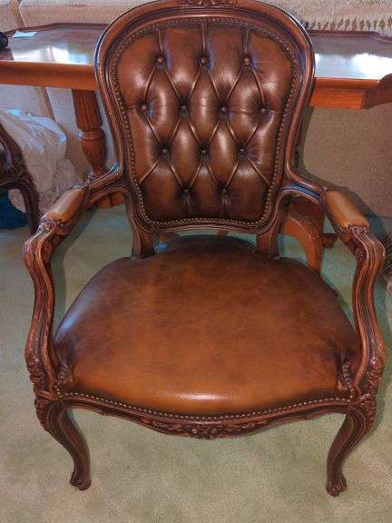 French Louis XV Style Button Tufted Back Leather Arm Chair