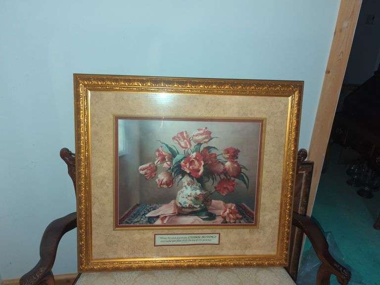 Floral Still life Offeset Lithograph After Jennie Tomao in Gilt Antique Frame
