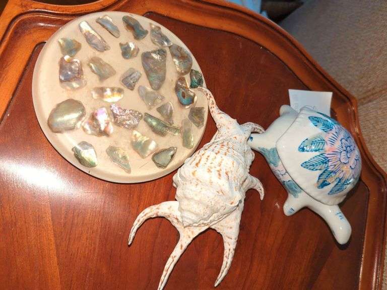 Lucite Acrylic Trivet with Abalone Shells, Turtle Trinket Box and Sea Spider Shell