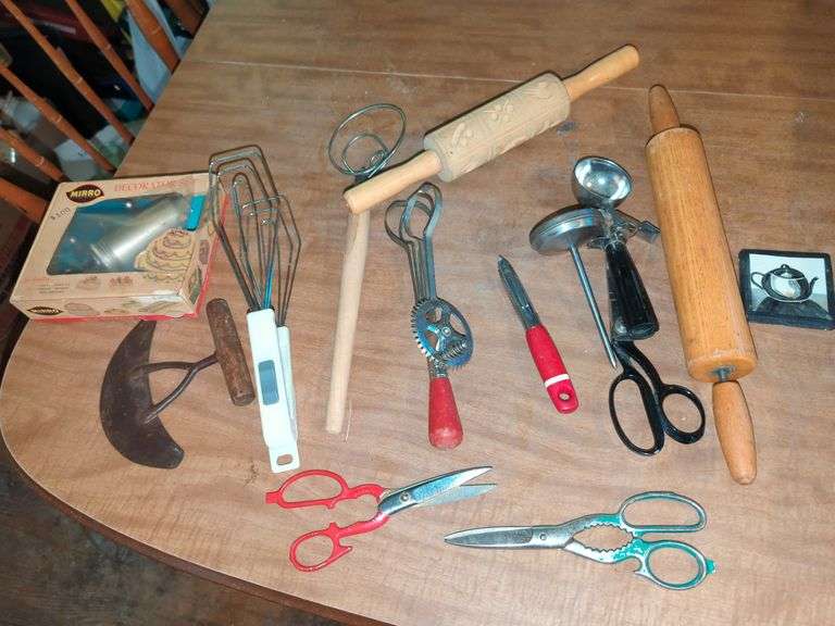 Various Vintage Kitchen Utensils Including Rolling Pins, Scissors and More