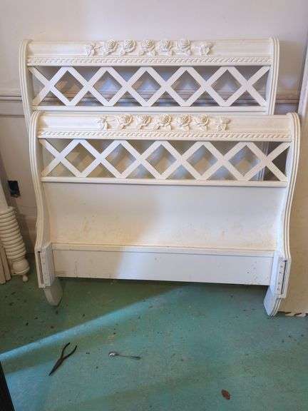 White Painted Wood Bed Frame with Carved Roses