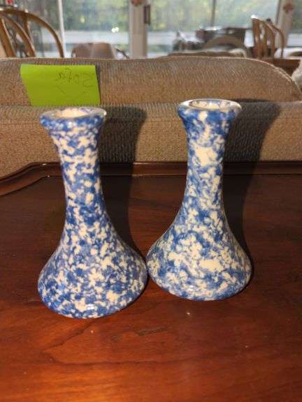 Country Home Collection Pottery Blue & White Spongeware Bud Vases