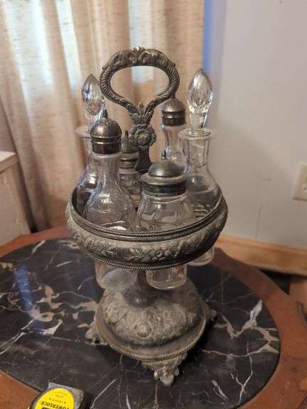 Art Nouveau Style Silver Plate and Glass Cruet Set