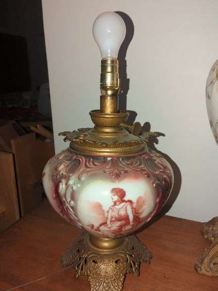 Antique Brass and  Hand Painted Converted Oil Lamp